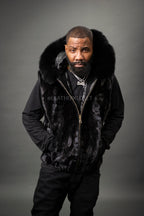 Men's Mink Bomber Vest With Fox Hood [Black]