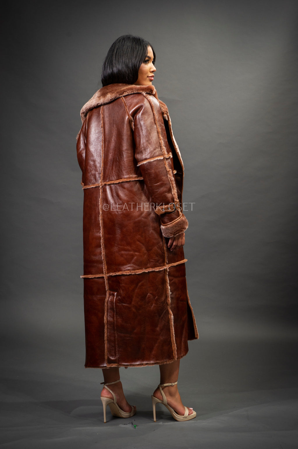 Women's Trinity Full Length Real Sheepskin Trench Coat [Cognac]