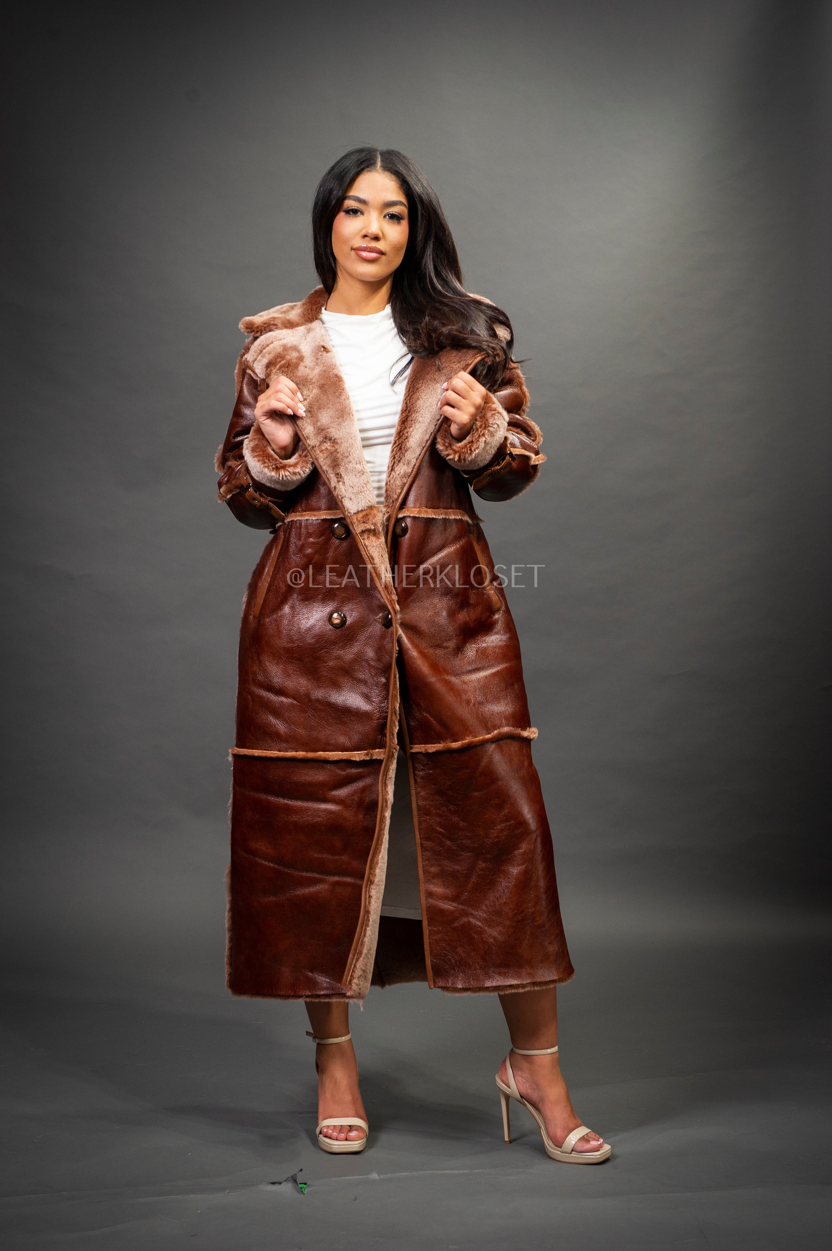 Women's Trinity Full Length Real Sheepskin Trench Coat [Cognac