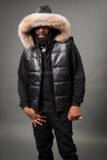 Men's Leather Bubble Vest With Premium Fox Fur Hood [Crystal Fox]