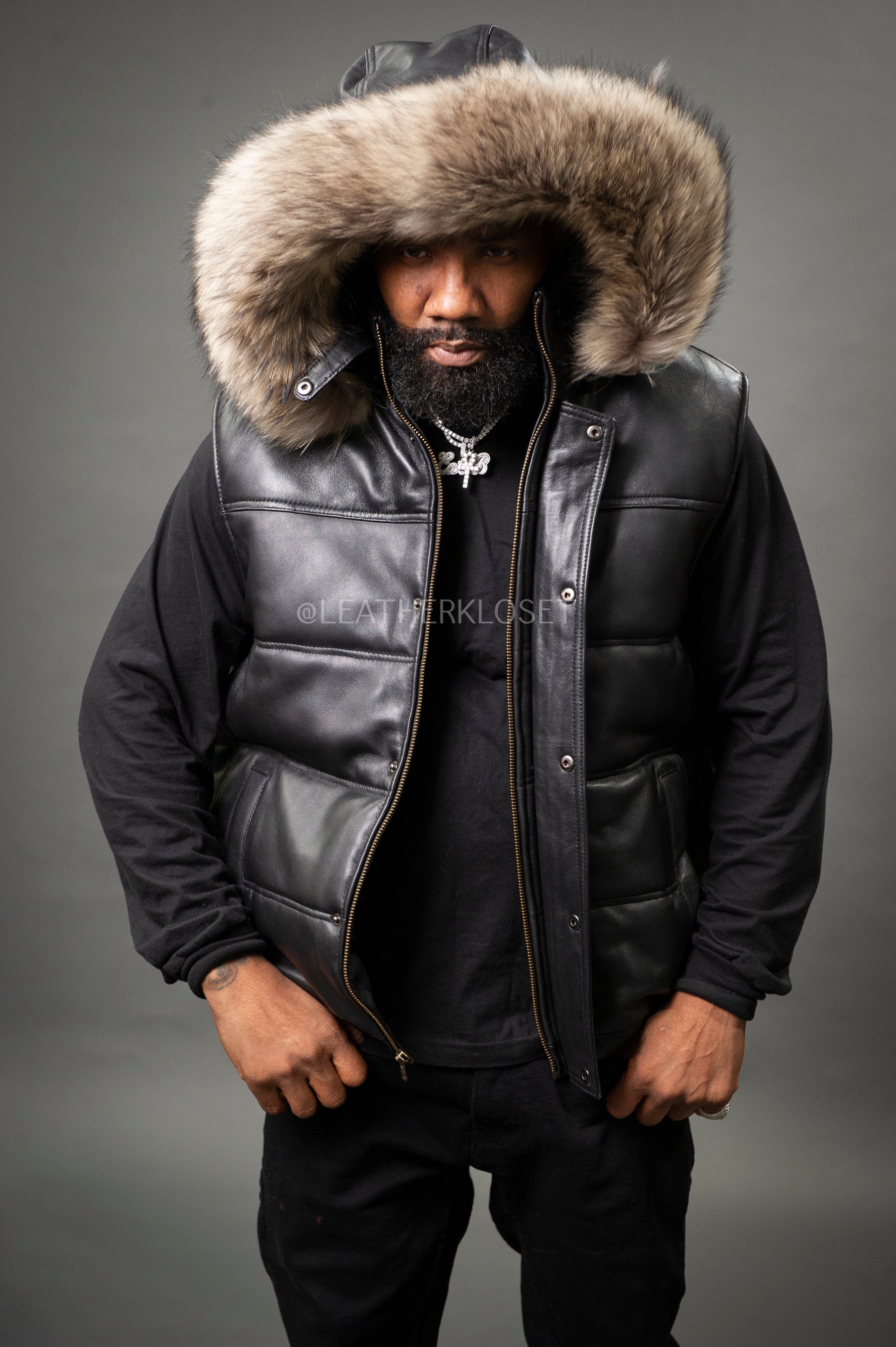 Men's Leather Bubble Vest With Premium Raccoon Fur Hood [Raccoon