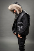 Men's Leather Bubble Vest With Premium Raccoon Fur Hood [Raccoon]