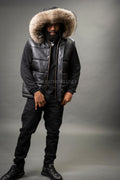 Men's Leather Bubble Vest With Premium Raccoon Fur Hood [Raccoon]