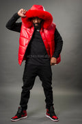 Men's Leather Bubble Vest With Premium Fox Fur Hood [Red Fox]