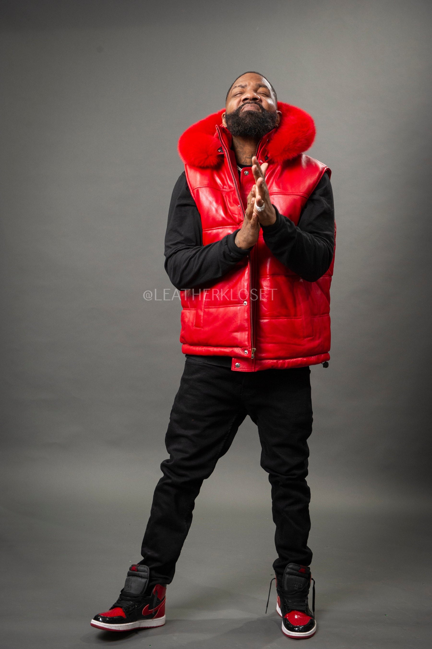 Men's Leather Bubble Vest With Premium Fox Fur Hood [Red Fox