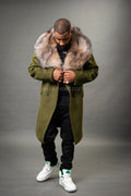 Men's Cashmere Trench Coat Olive With Fox Collar [Crystal Fox]