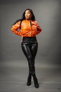 Women's Crop Leather Varsity Jacket [Orange]