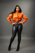 Women's Crop Leather Varsity Jacket [Orange]