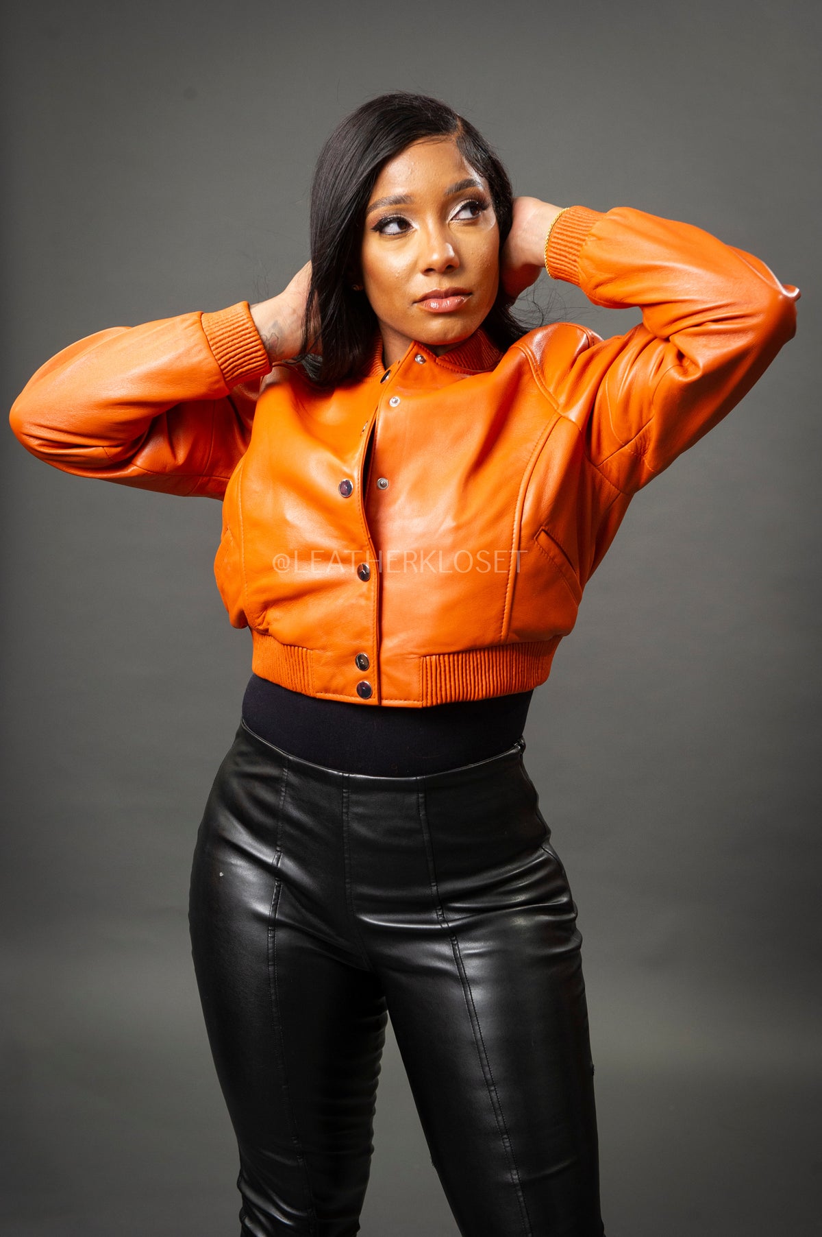 Women's Crop Leather Varsity Jacket [Orange]