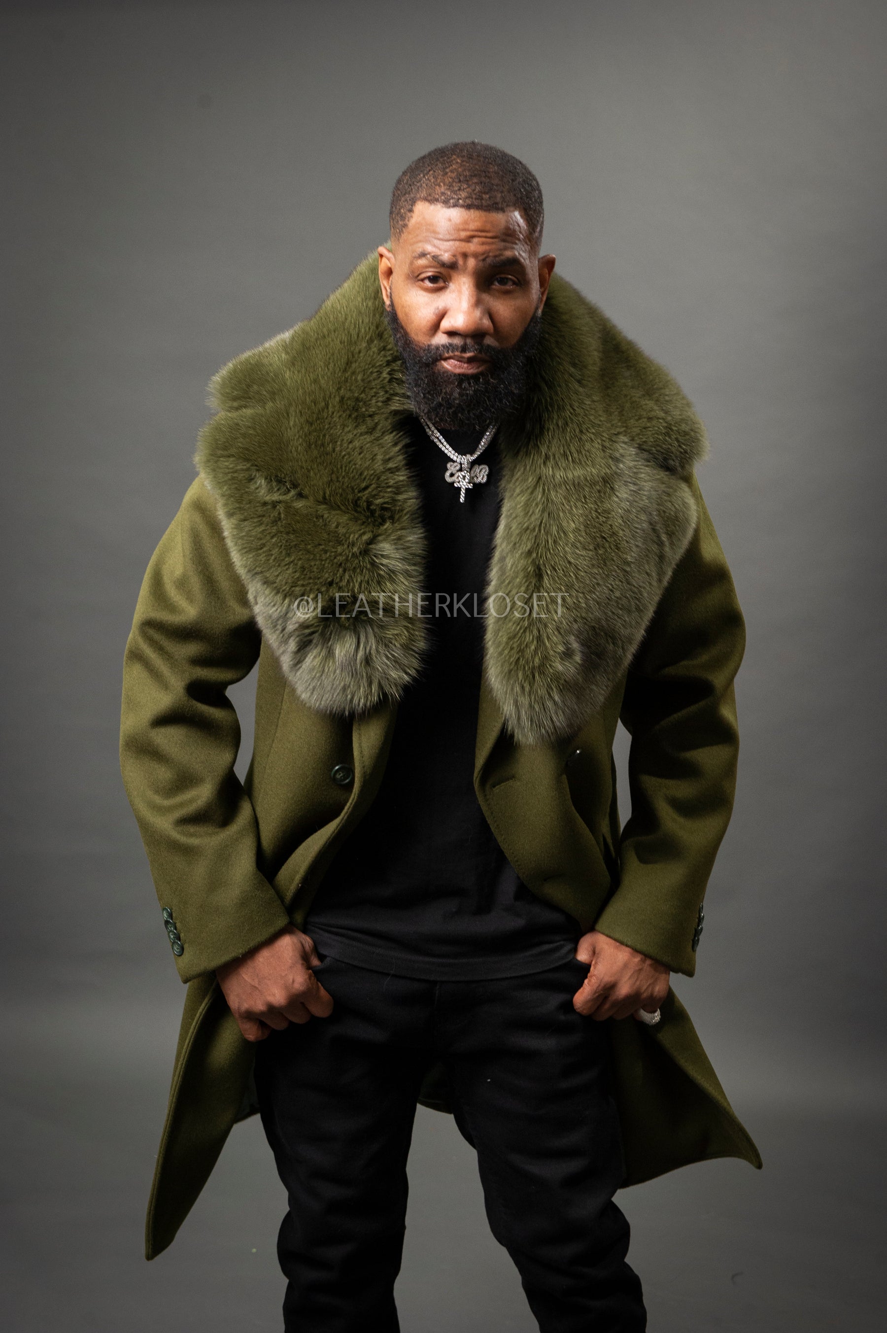 Mens Overcoat Wool Cashmere Trench Coat With Fur Collar Men's