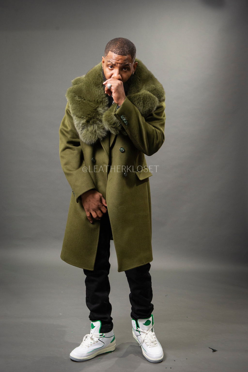 Men's Cashmere Trench Coat Olive With Fox Collar [Olive Fox]