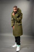 Men's Cashmere Trench Coat Olive With Fox Collar [Olive Fox]