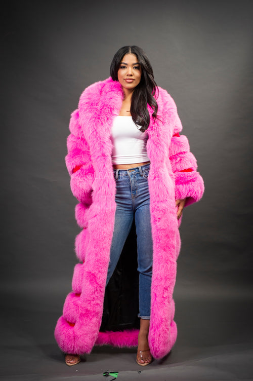 Women's Pink Full Length Fox Trench [Pink]