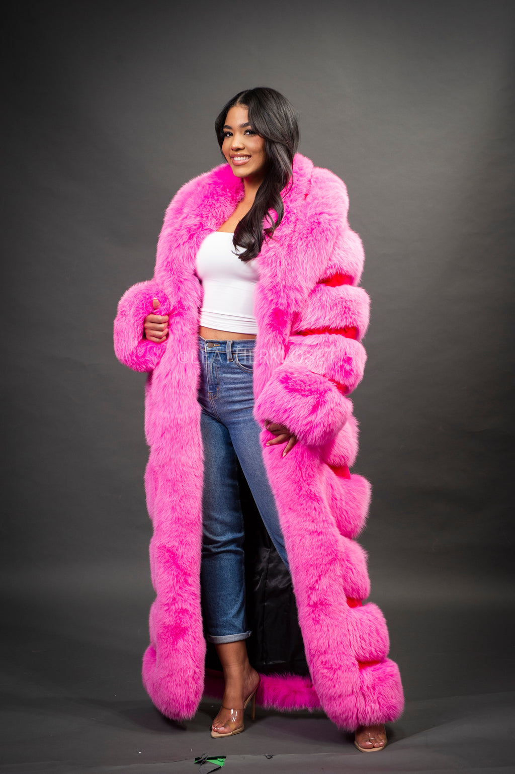 Women's Steph Pink Full Length Fox Trench [Pink]