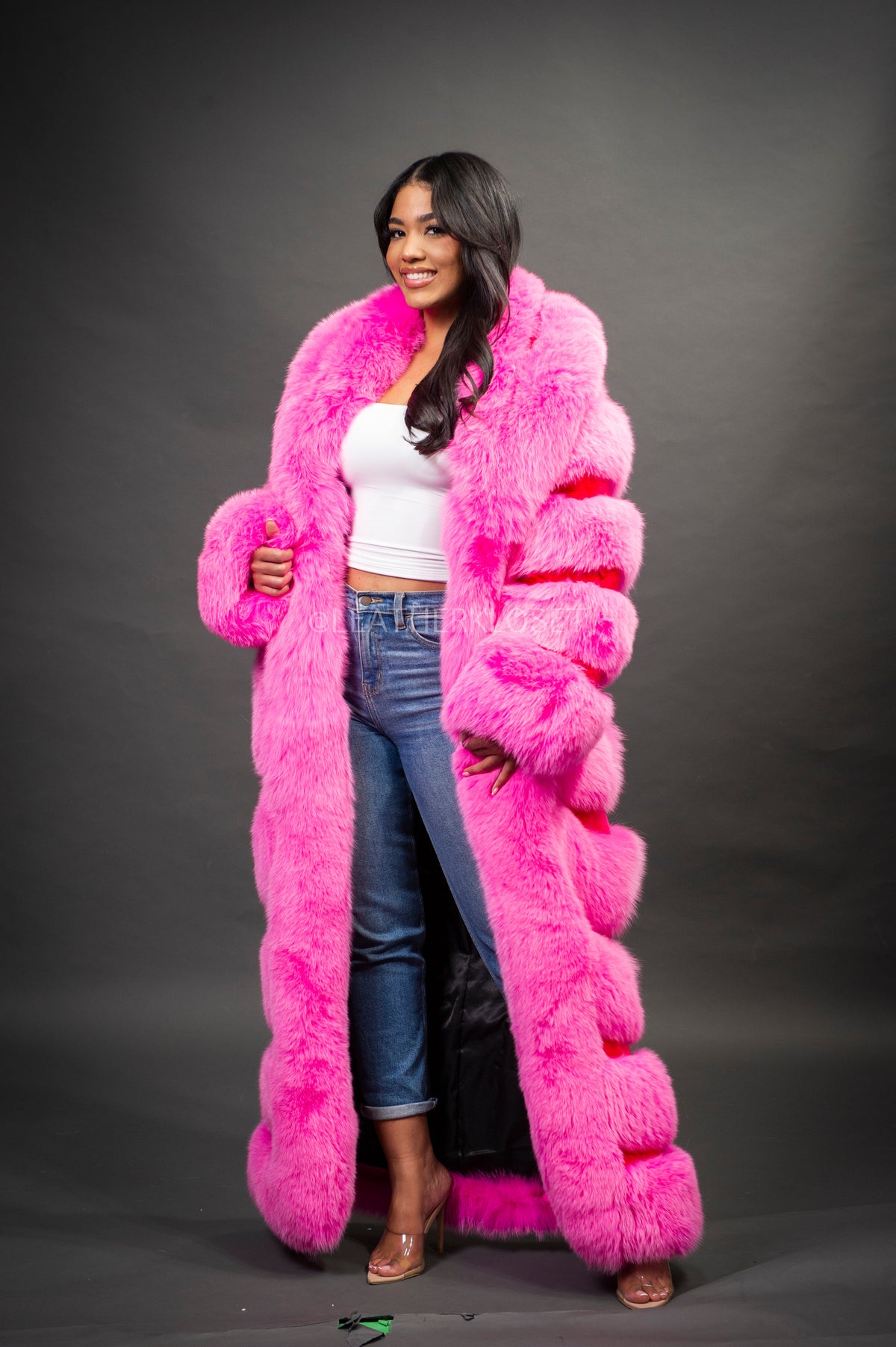 Women's Steph Pink Full Length Fox Trench [Pink]
