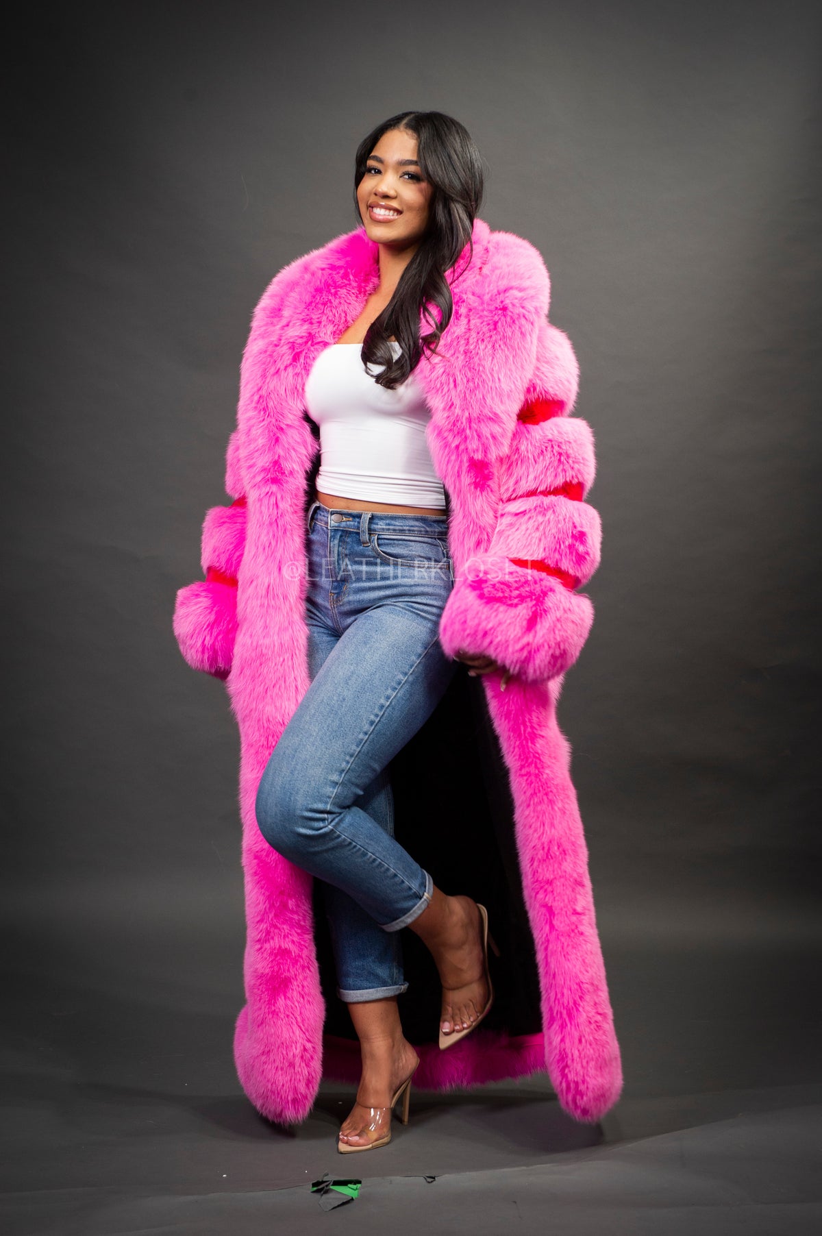 Women's Steph Pink Full Length Fox Trench [Pink]