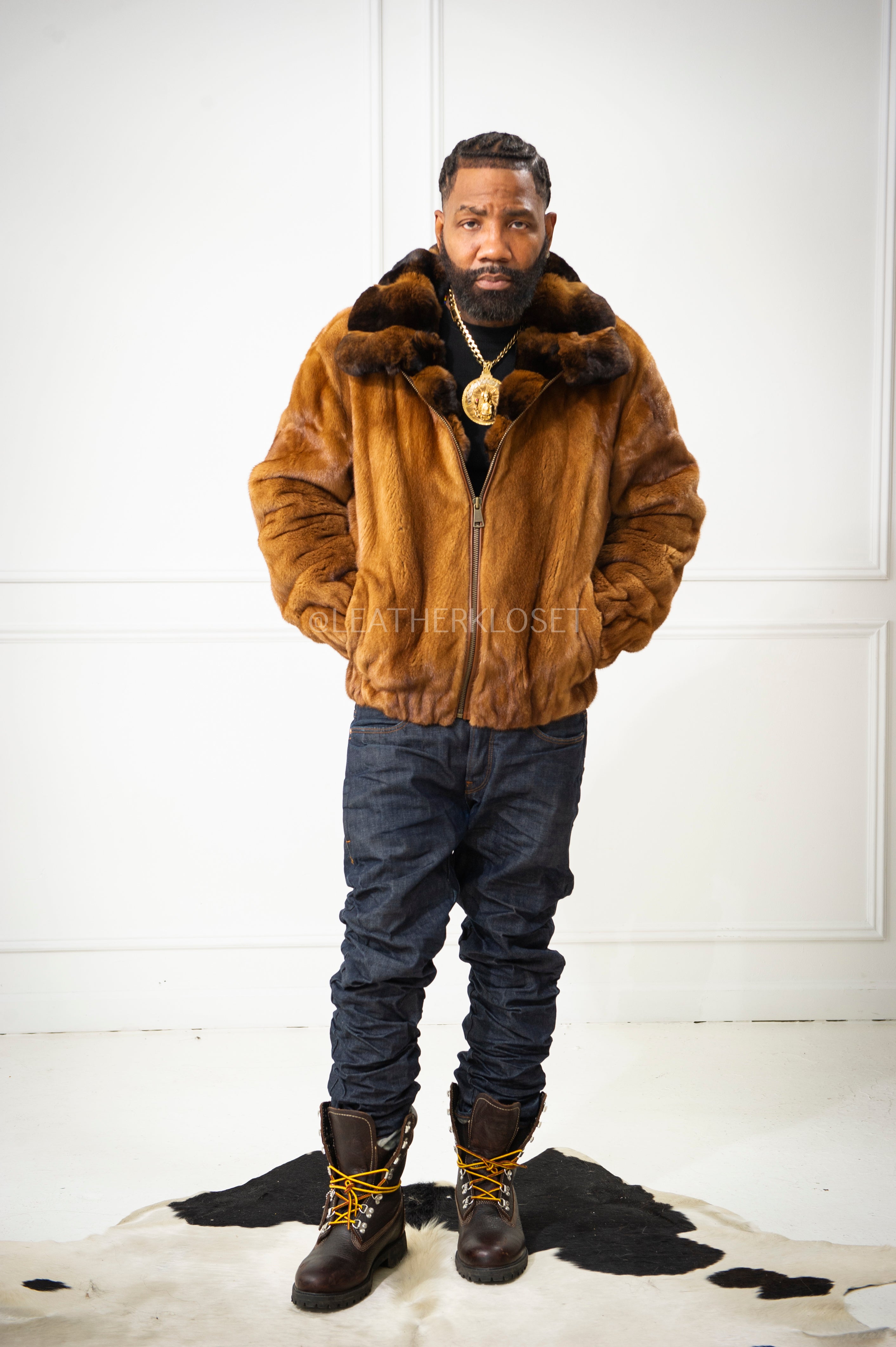 ジャケット・アウター sheller big check BISHU pure wool coat Men's Mink Bomber Jacket With Chinchilla Collar [Whiskey