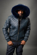 Men's Lucas Quilted Leather Bomber Jacket With Fox Hood [Navy]