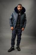 Men's Lucas Quilted Leather Bomber Jacket With Fox Hood [Navy]