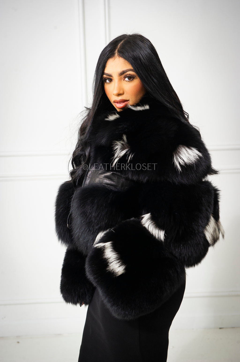 Women's Ariel Leather And Fox Combo Jacket [Black/Silver]