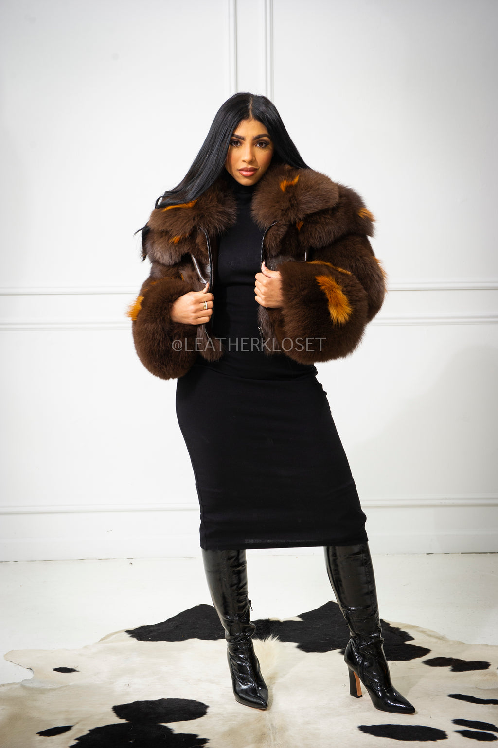 Women's Ariel Leather And Fox Combo Jacket [Brown]