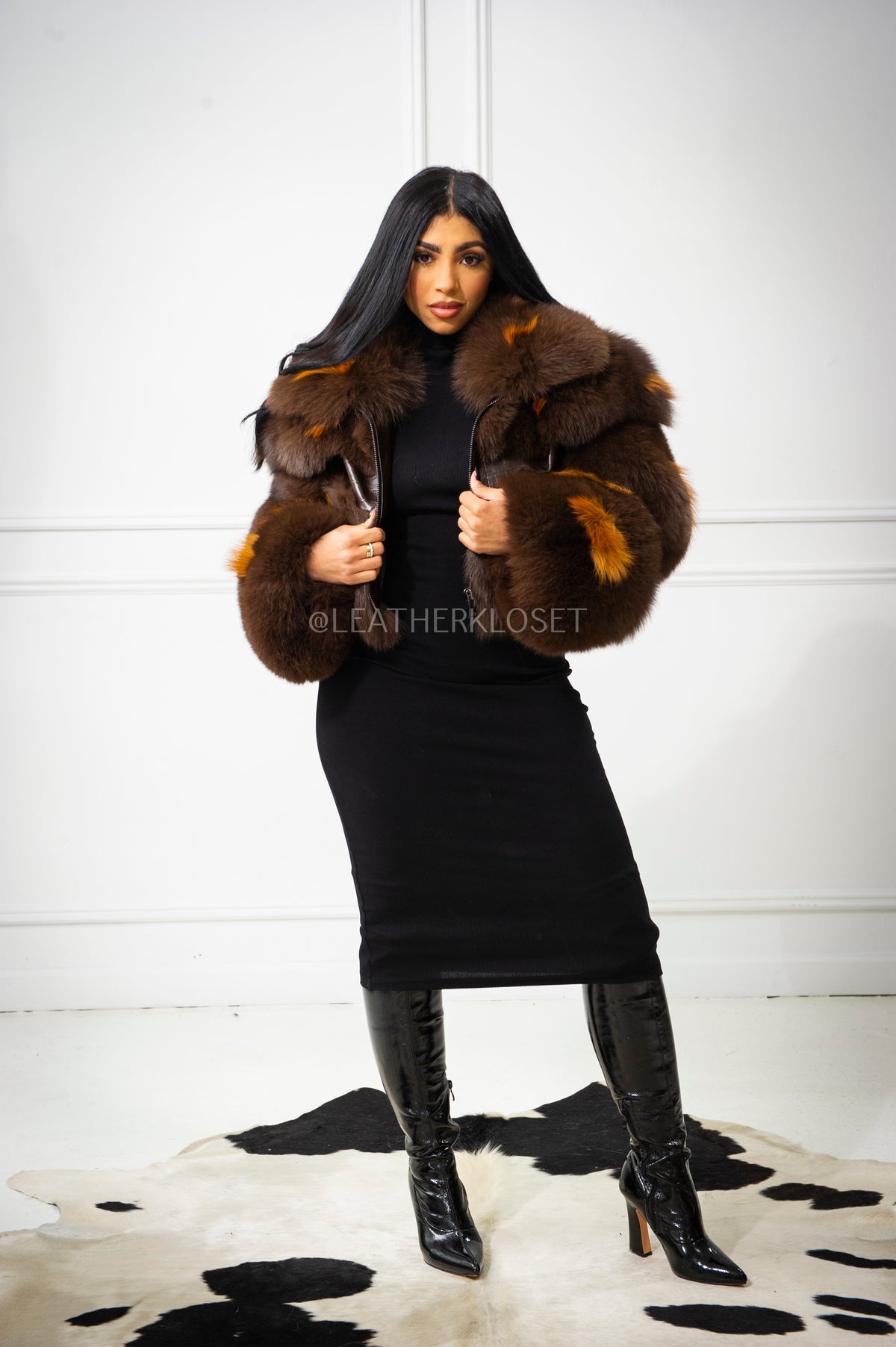 Women's Ariel Leather And Fox Combo Jacket [Brown]