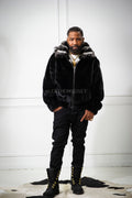 Men's Mink Bomber Jacket With Chinchilla Collar And Hood [Black]