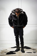 Men's Mink Bomber Jacket With Chinchilla Collar And Hood [Black]