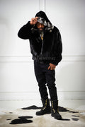 Men's Mink Bomber Jacket With Chinchilla Collar And Hood [Black]