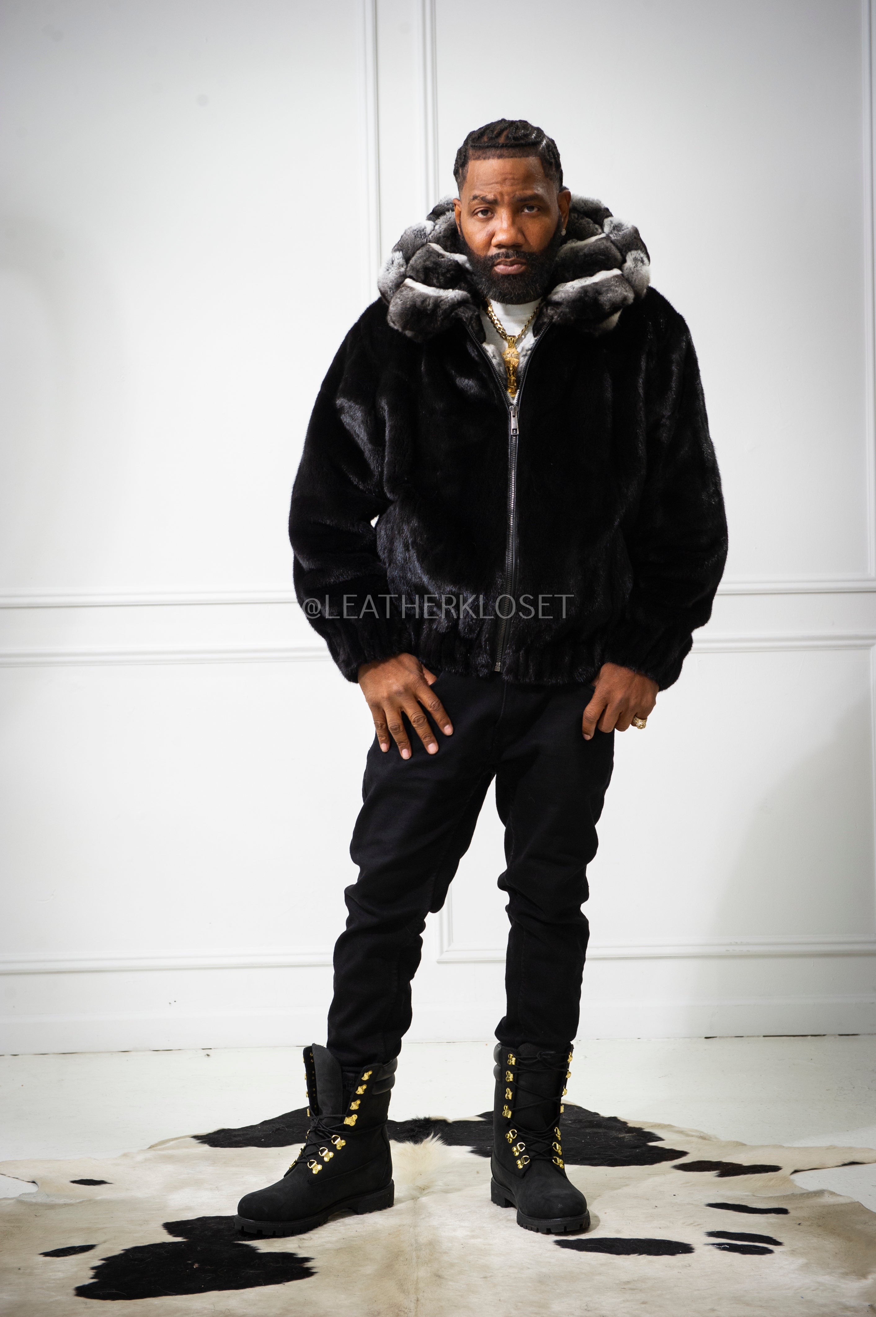 Men's Mink Bomber Jacket With Chinchilla Collar And Hood [Black