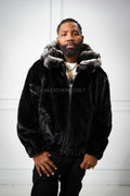 Men's Mink Bomber Jacket With Chinchilla Collar And Hood [Black]