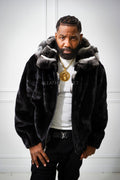 Men's Mink Bomber Jacket With Chinchilla Collar And Hood [Black]