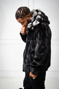 Men's Mink Bomber Jacket With Chinchilla Collar And Hood [Black]