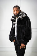 Men's Mink Bomber Jacket With Chinchilla Collar And Hood [Black]