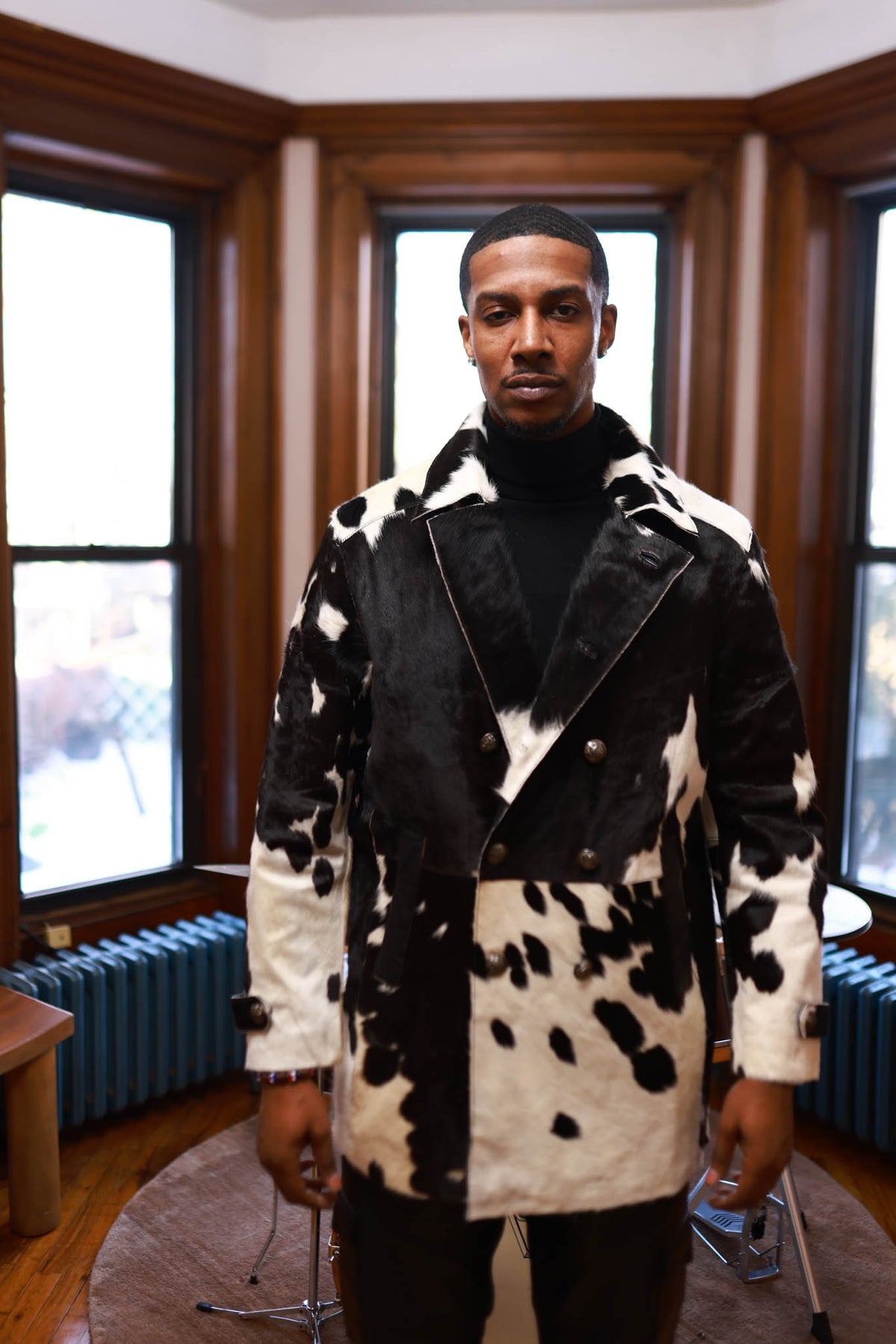 Men's Pony Skin Pea Coat [Black/Beige]
