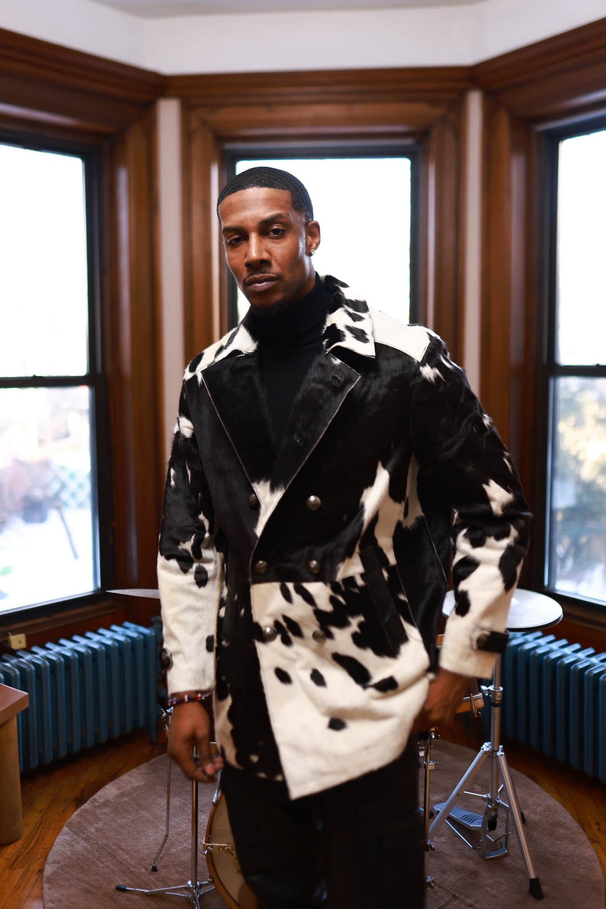 Men's Pony Skin Pea Coat [Black/Beige]
