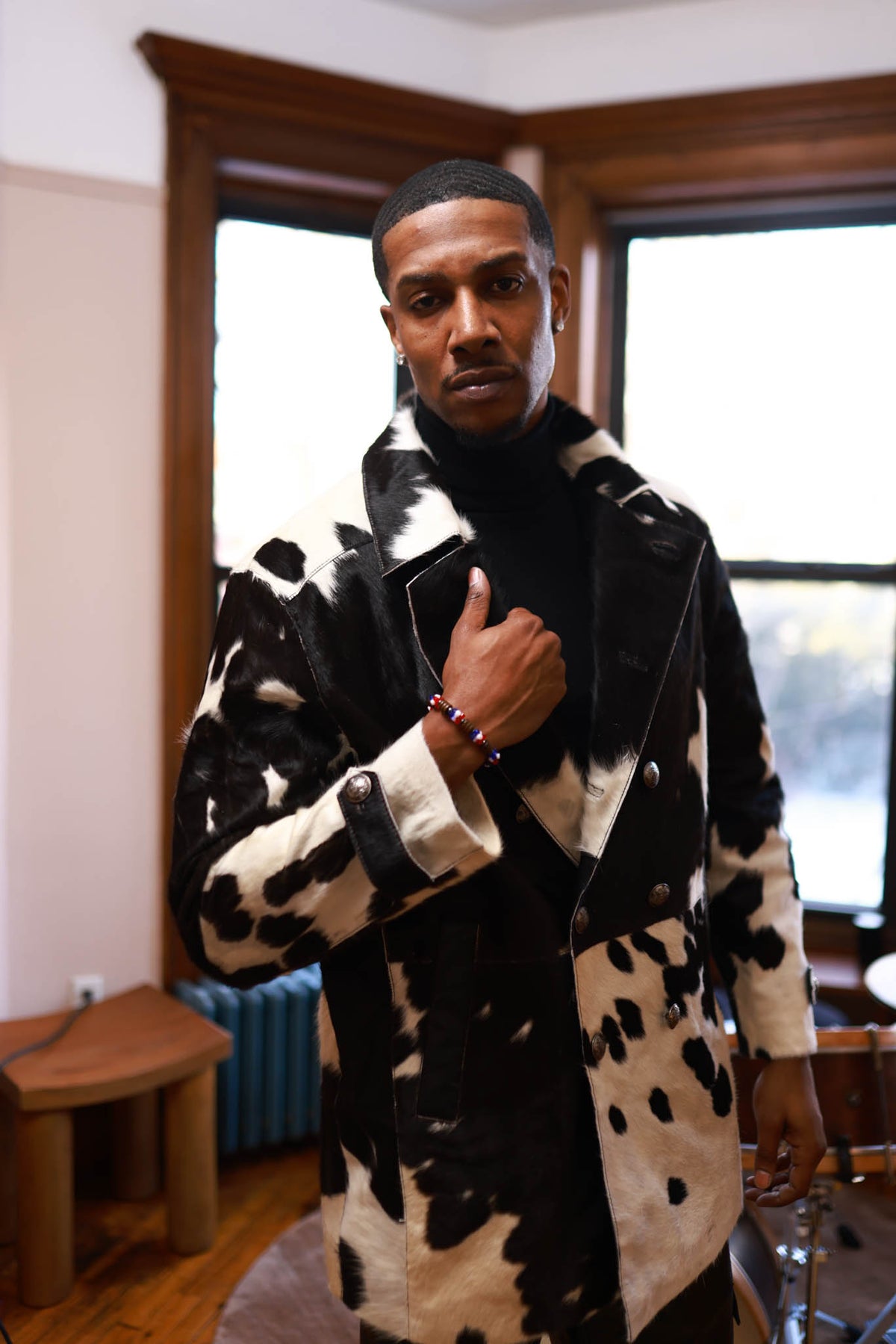 Men's Pony Skin Pea Coat [Black/Beige]