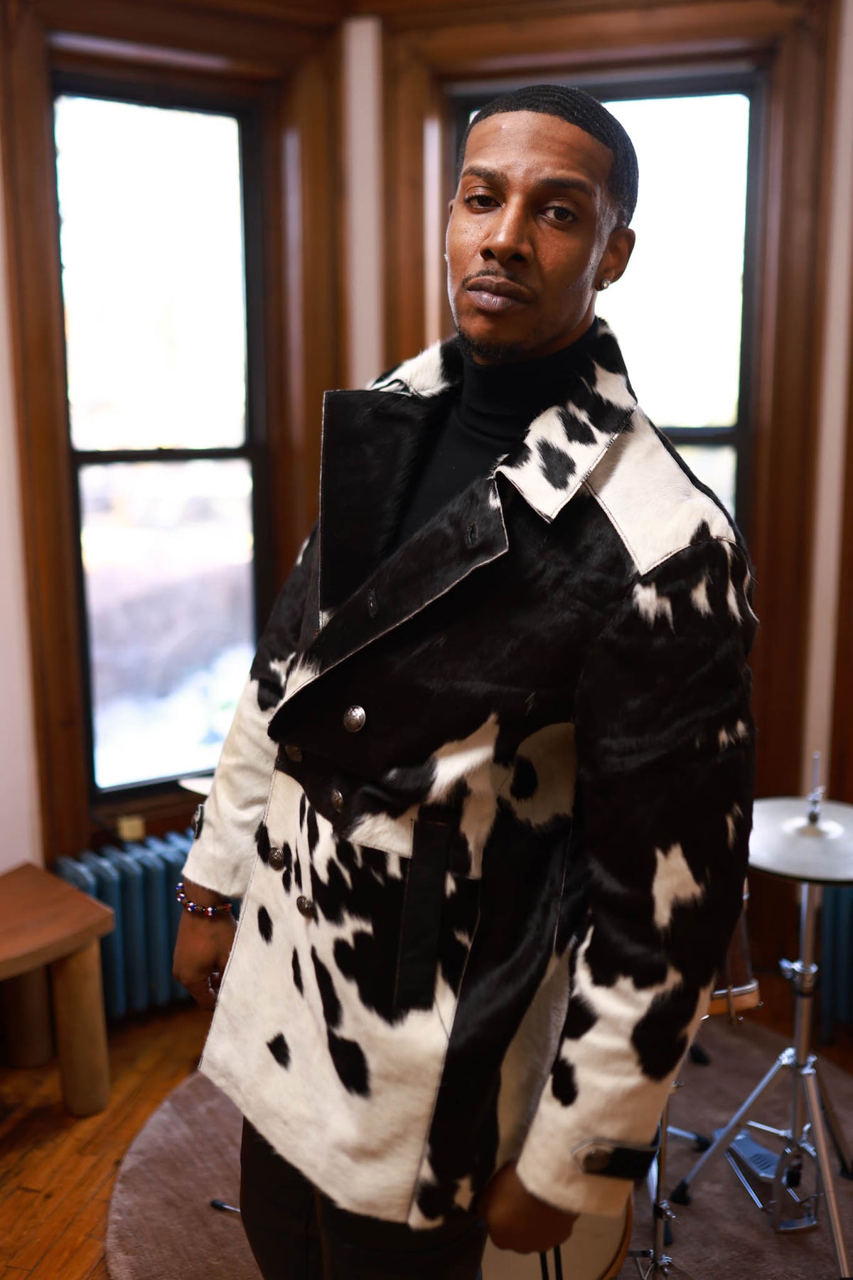 Men's Pony Skin Pea Coat [Black/Beige]