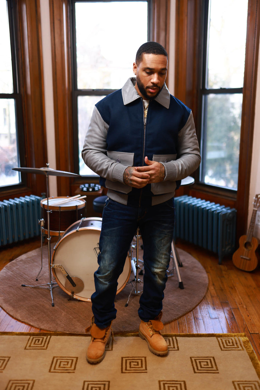 Men's Wool And Leather Pilot Jacket [Navy/Grey]