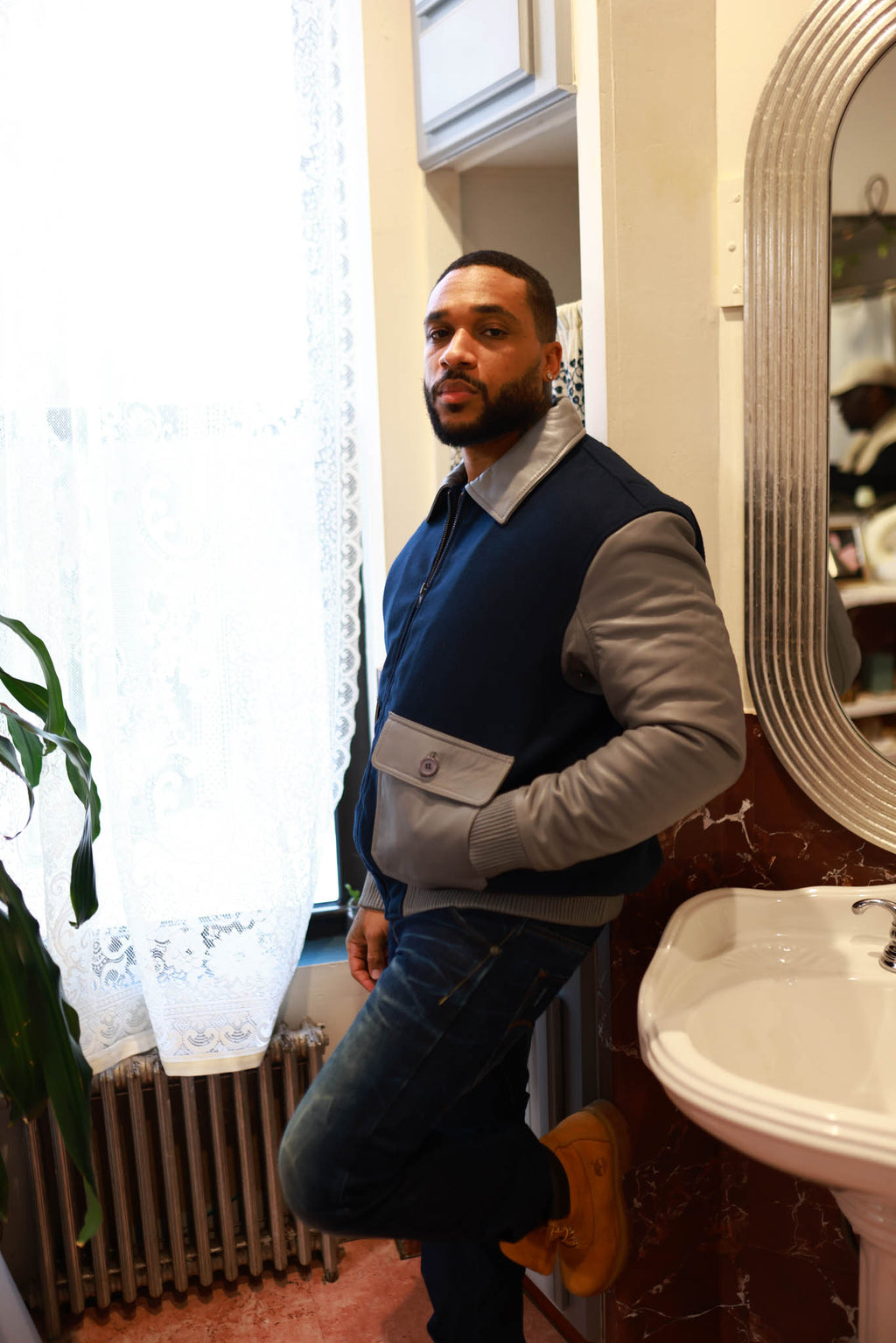 Men's Wool And Leather Pilot Jacket [Navy/Grey]