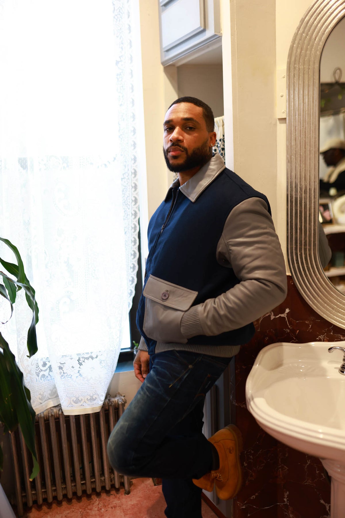 Men's Wool And Leather Pilot Jacket [Navy/Grey]