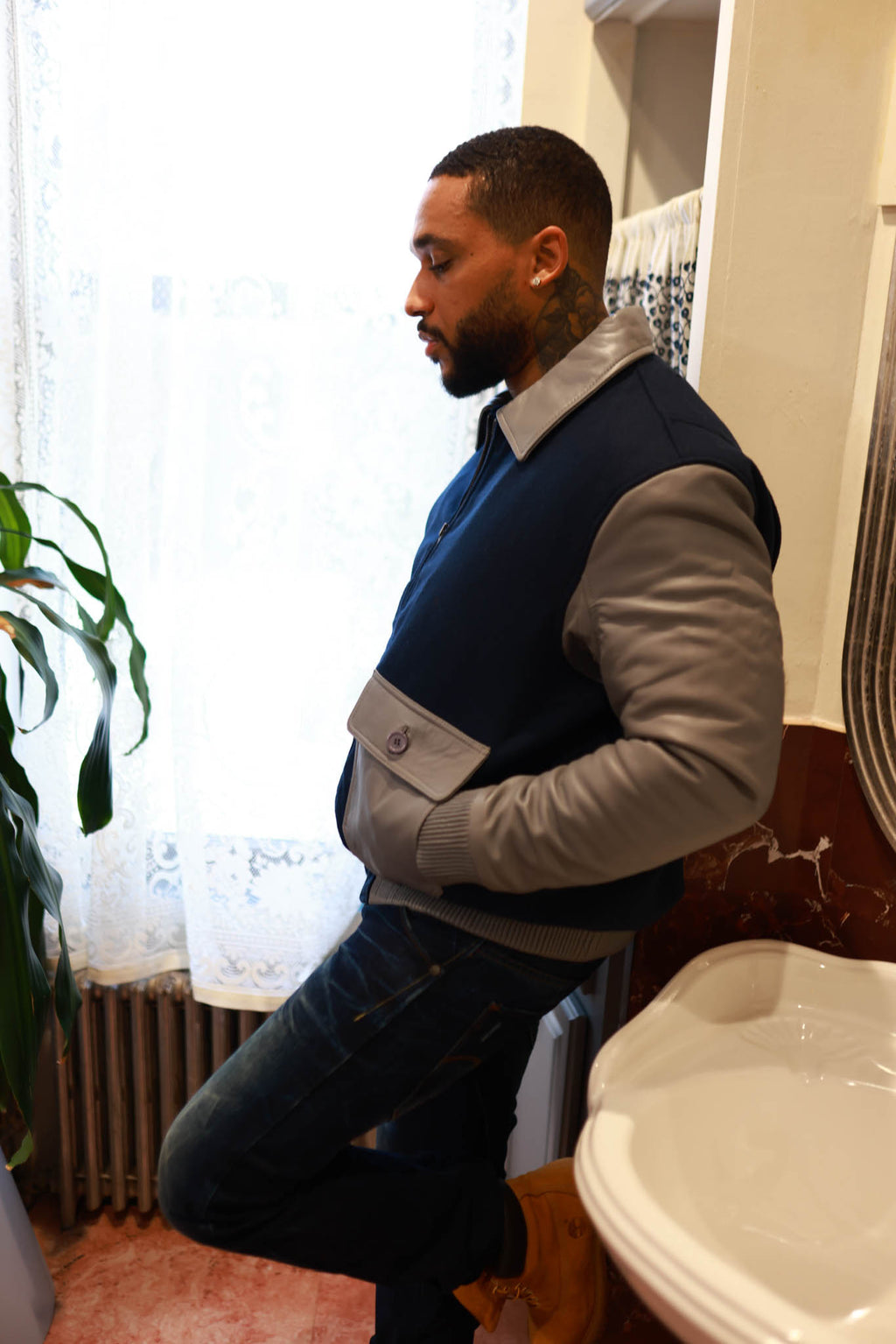 Men's Wool And Leather Pilot Jacket [Navy/Grey]