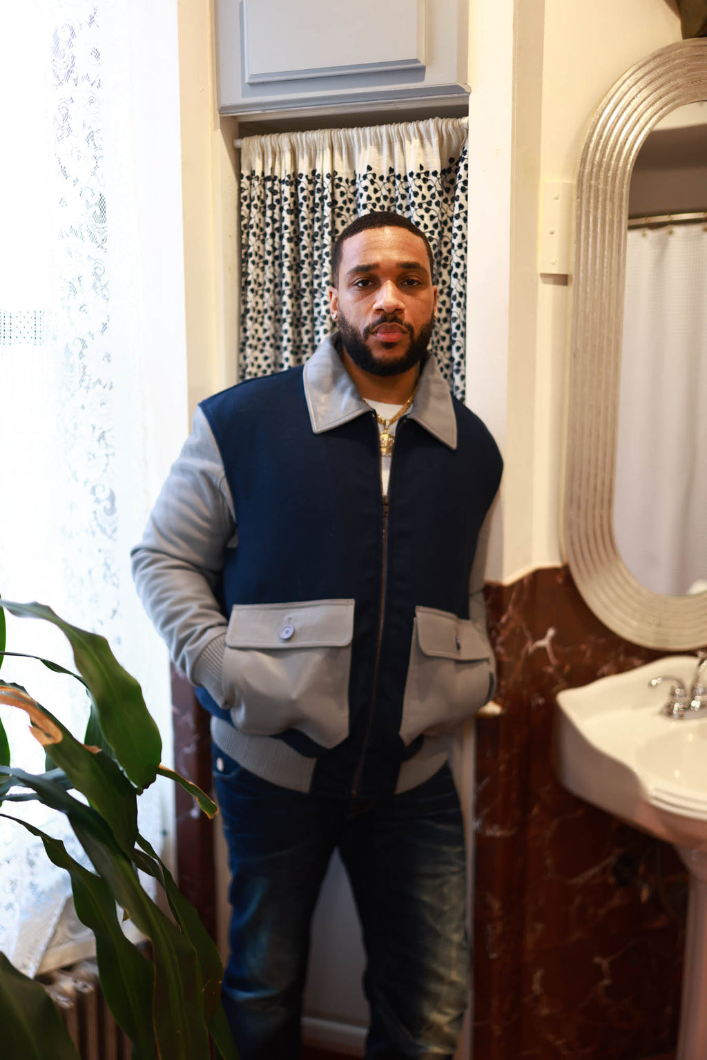 Men's Wool And Leather Pilot Jacket [Navy/Grey]