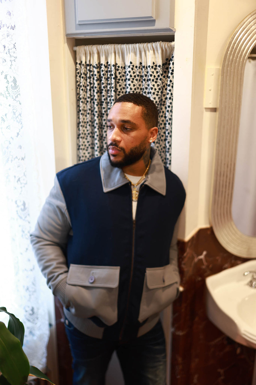 Men's Wool And Leather Pilot Jacket [Navy/Grey]