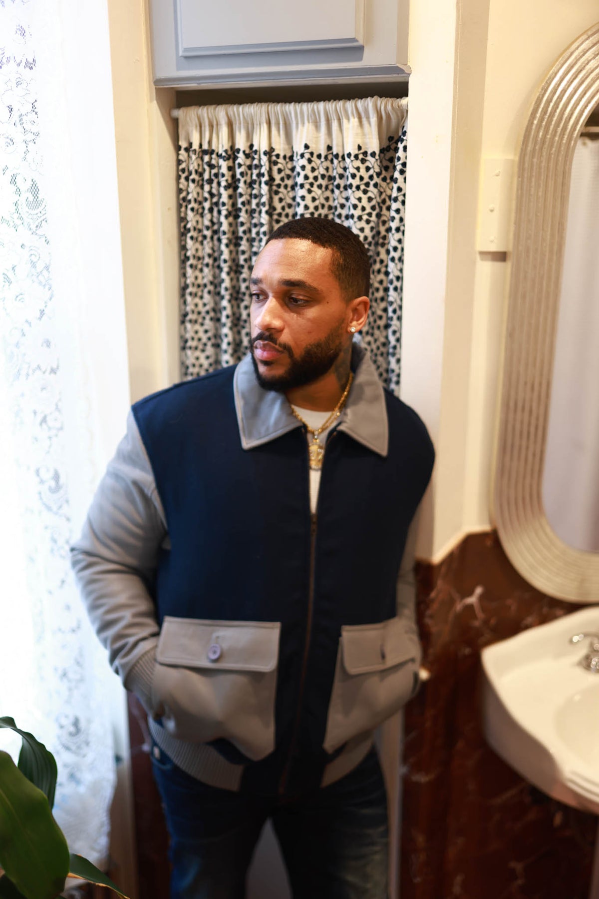 Men's Wool And Leather Pilot Jacket [Navy/Grey]