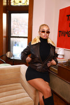 Women's Pilot Leather Jacket With Shearling Collar [Copper]