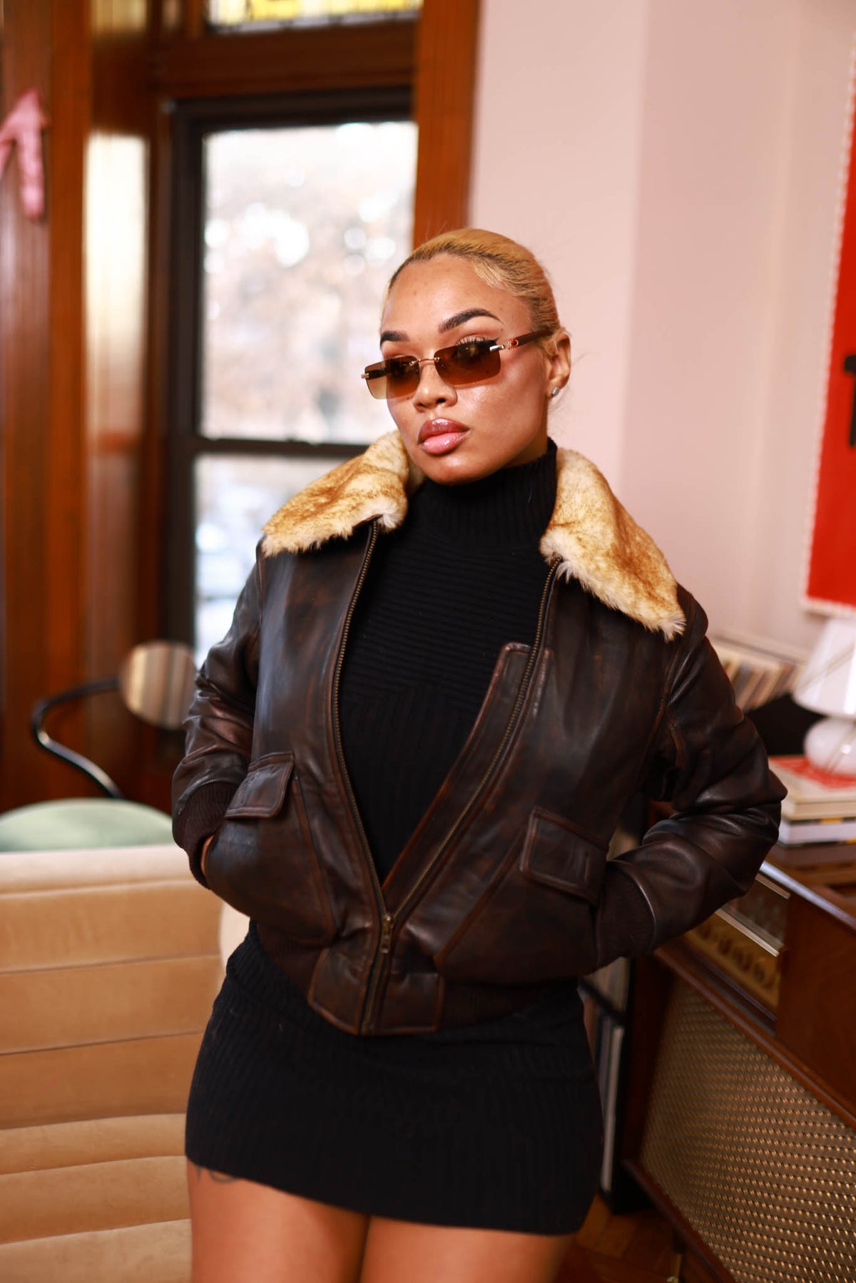 Women's Pilot Leather Jacket With Shearling Collar [Copper]