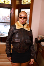 Women's Pilot Leather Jacket With Shearling Collar [Copper]