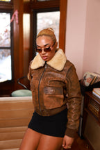 Women's Pilot Leather Jacket With Shearling Collar [Antique Brown]