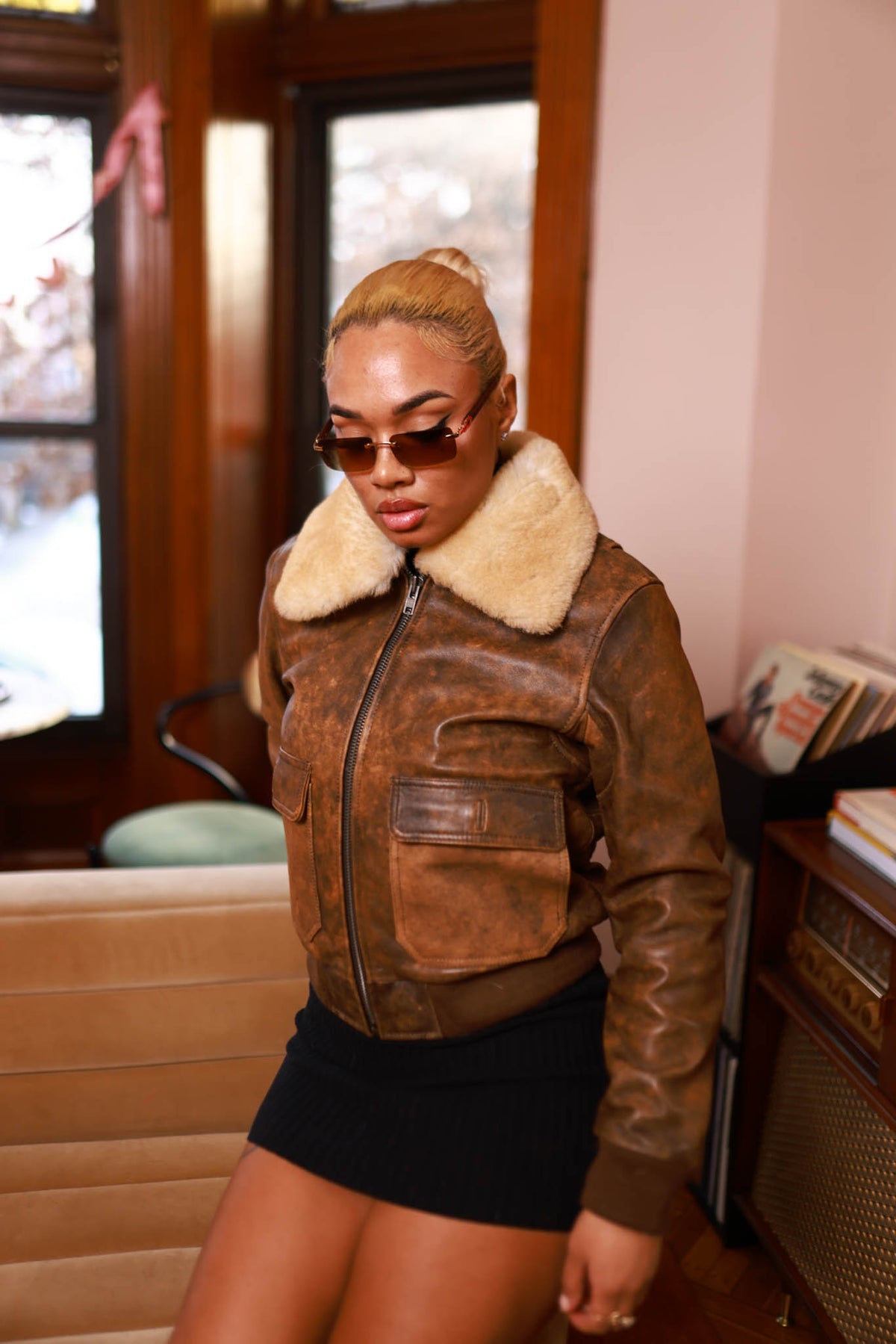 Women's Pilot Leather Jacket With Shearling Collar [Antique Brown]
